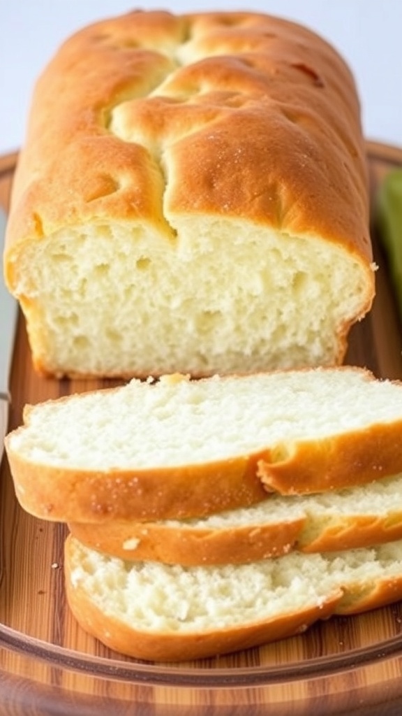 Freshly baked sandwich bread loaf with slices on a wooden cutting board.